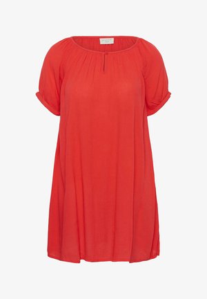 Red short-sleeve blouse with round neckline, slight pleats at the collar, rolled cuffs, and a small front button loop detail.