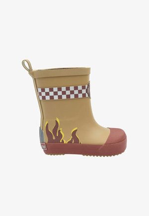 Botte de pluie en caoutchouc beige avec un accent de damier rouge, des motifs de flammes jaunes et rouges, et une semelle texturée pour une meilleure adhérence.