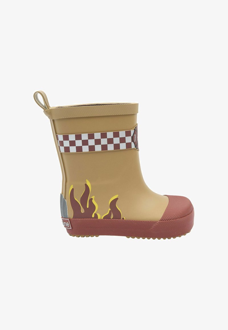 Botte de pluie en caoutchouc beige avec un accent de damier rouge, des motifs de flammes jaunes et rouges, et une semelle texturée pour une meilleure adhérence.