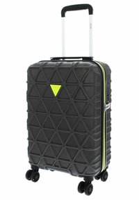 Valigetta rigida con design a texture geometrica in nero, zip verde fluo, manico telescopico in alluminio e quattro ruote nere.