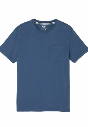 Blue cotton t-shirt with short sleeves, round neckline, and a chest pocket. Features a plain design with contrast stitching.