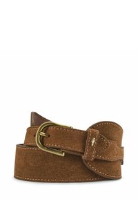 Brązowy skórzany pasek z mosiężną klamrą, płaski kształt i szczegółowe przeszycia. Materiał ma miękką teksturę i gładkie wykończenie.