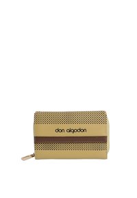 Cartera amarilla con patrón perforado negro, franja de acento marrón, cierre de cremallera y logo de 'don algodon' en la parte frontal, hecha de material sintético.