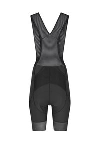 Black cycling bib shorts with a mesh yoke, striped pattern, padded seat, and silicone leg grippers. Features ergonomic design and seamless construction.