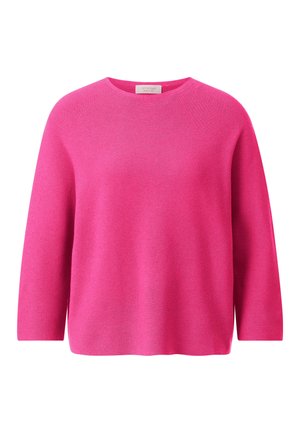 Felle roze gebreide trui met een ronde halslijn, lange mouwen en een ontspannen pasvorm. Gestructureerde oppervlakte met ribbeldetails over het geheel.