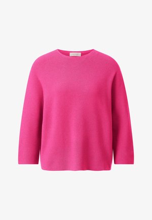 Felle roze gebreide trui met een ronde halslijn, lange mouwen en een ontspannen pasvorm. Gestructureerde oppervlakte met ribbeldetails over het geheel.