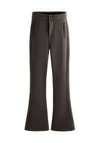 Hnědé rozšířené kalhoty vyrobené z měkkého a texturovaného materiálu, s dvěma předními kapsami na zip a páskem se dvojitým knoflíkem.