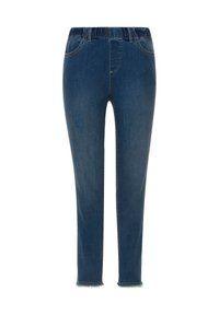 Jeans de mezclilla azul oscuro con cinturilla elástica, dos bolsillos frontales, ajuste slim y dobladillo deshilachado en el tobillo.