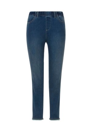 Granatowe dżinsy z elastycznym pasem, dwiema przednimi kieszeniami, dopasowanym krojem i postrzępionym dołem na kostce.