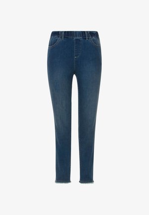 Dunkelblaue Jeans aus Denim mit elastischem Bund, zwei Vorderstaschen, slim fit und fransigem Saum am Knöchel.