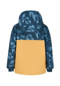 Waterdichte jas met een bovenste gedeelte in blauw met patroon en een onderste gedeelte in geel. Inclusief capuchon en elastische manchetten.