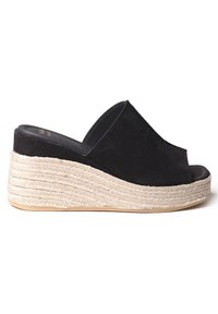 Sandali con tacco a cuneo in suede nero, con punta aperta, dotati di una suola in juta testurizzata e una fodera interna nera liscia.