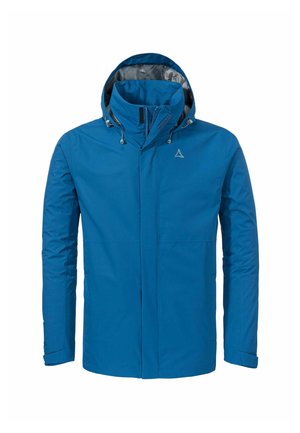 Chaqueta impermeable para hombre en color azul, con un alto cuello, capucha ajustable, cierre de cremallera en la parte delantera y puños elásticos. Textura suave con detalle del logo.