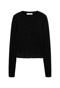 Suéter negro de manga larga con cuello redondo, adornado con tachuelas plateadas dispersas, con un diseño cropped y material de punto texturizado.