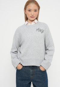 Pull gris clair en matière douce avec encolure ras du cou et poignets côtelés. Présente un détail brodé de lettre sur la poitrine.