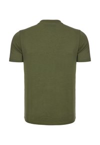Olivegrünes Kurzarm-T-Shirt aus weichstoff. Verfügt über einen Rundhalsausschnitt und ein schlichtes Design mit einem dezenten Logo auf der Rückseite.
