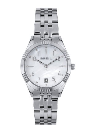 Sølv rustfrit stål ur med en rund perlemorsskive, diamanter som markører og datovisning. Designet har en kædebåndsstruktur.