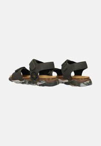 Sandalen met een donkergroen synthetisch bovenwerk, verstelbare banden, een gevoerde voetbed en een gemusterde doorzichtige buitenzool.