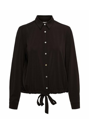Zwarte blouse met lange mouwen, puntige kraag, knopen aan de voorkant en een verstelbare strik bij de elastische zoom.