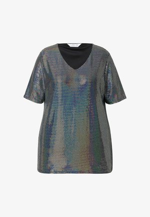 T-shirt à manches courtes noir avec un décolleté en V, présentant un motif à pois réfléchissants créant un effet scintillant à la surface.