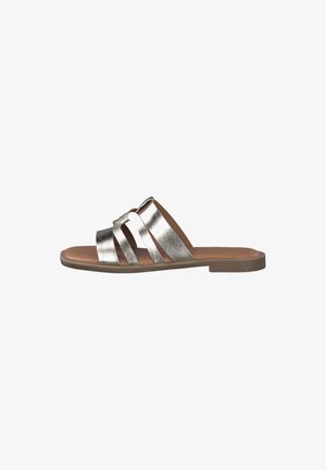 Metallic silver slide sandal with three wide straps, brown sole, flat design, and smooth texture. Suitable for casual wear.
