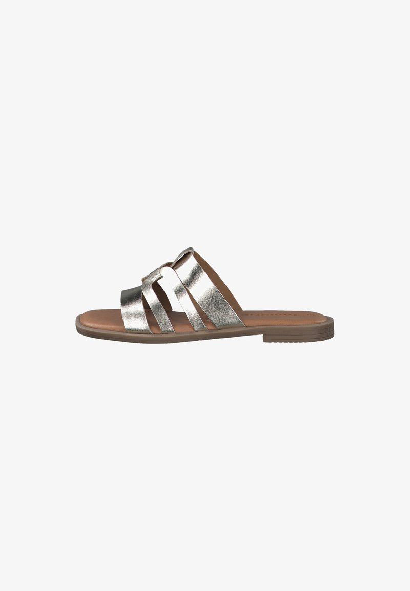 Metallic silver slide sandal with three wide straps, brown sole, flat design, and smooth texture. Suitable for casual wear.