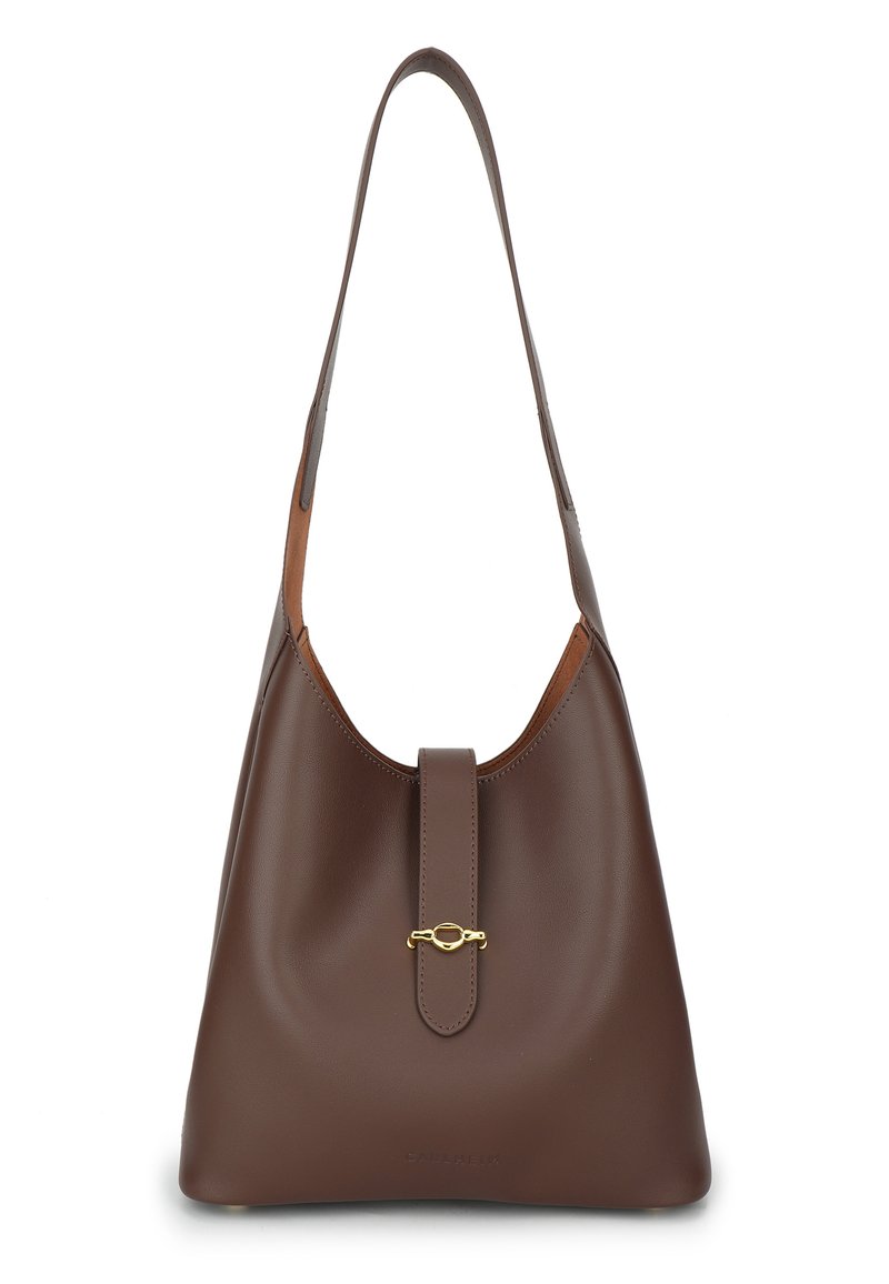 Brown leather shoulder bag with a structured shape, featuring a wide strap, clasp closure, and subtle branding at the base. Smooth texture.