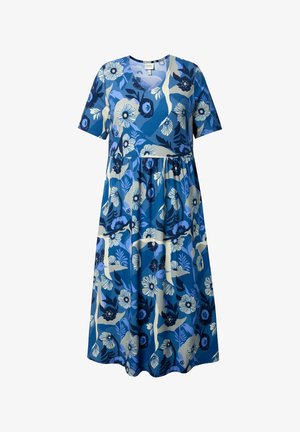 Sininen kukallinen midimittainen mekko, jossa lyhyet hihat, v-kaula-aukko, vyötäröllä rypytys sekä suuret valkoiset ja tummansiniset kukkakuviot.
