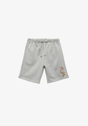 Graue Sweatshorts mit einem elastischen Bund, Kordelzug und bunten gemusterten Akzenten an der unteren Vorderseite rechts. Weiches Baumwollmaterial.