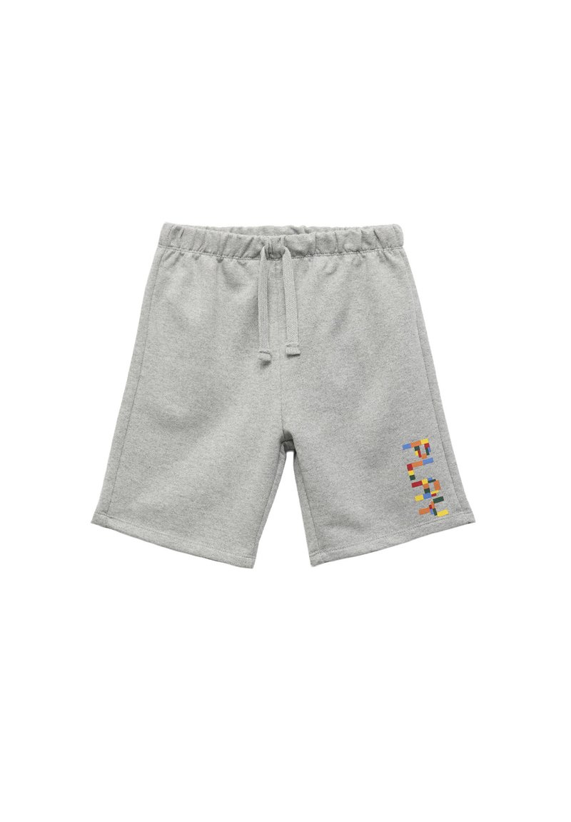 Grå svedshorts med elastisk talje, snor og farverige mønstrede detaljer på den nederste højre front. Blødt bomuldsstof.