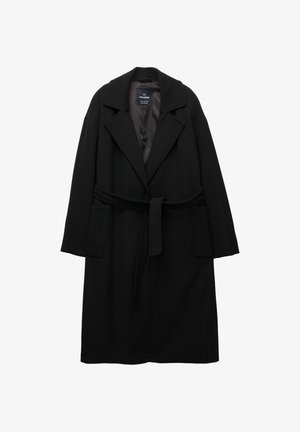 Svart ullblandad kappa med bred krage, bälte i midjan och två framfickor. Har en mjuk textur och en minimalistisk design.