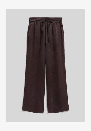 Tamno smeđe hlače širokih nogavica s elastičnim pojasom i vezicom, s diskretnim teksturiranim uzorkom i bočnim džepovima.