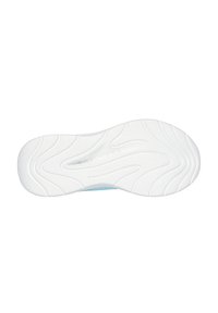 Suola di sneaker bianca con un design testurizzato, che presenta motivi ondulati in rilievo e il nome del brand "SKECHERS" impresso vicino al collo.