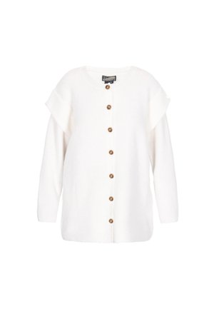 Hvid strik cardigan med lange ærmer, bølgede skulderdetaljer og syv brune knapper foran.