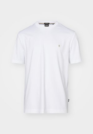 White cotton t-shirt with a round neck, short sleeves, and a small embroidered logo on the chest. Smooth texture, casual design.