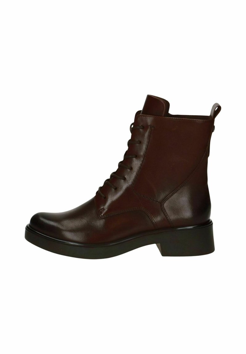 Stivale alla caviglia in pelle marrone con punta rotonda, chiusura con lacci e tacco spesso. Presenta una linguetta sul retro e una finitura liscia.