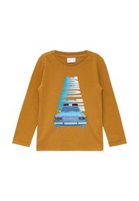 Langermige mosterdkleurige shirt met een blauwe graphic van een auto met politielichten en vetgedrukte tekst. Gemaakt van zachte katoen.