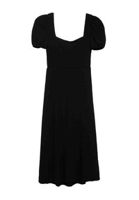 Robe noire à manches bouffantes, encolure carrée, corsage ajusté et jupe évasée. Tissu doux avec une texture lisse et peu de détails.