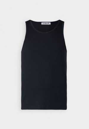 Μαύρο ριμπεμένο αμάνικο μπλουζάκι με στρογγυλή λαιμόκοψη και φαρδιές μανίκες. Φτιαγμένο από απαλό μείγμα βαμβακιού, με ένδειξη στο λαιμό.