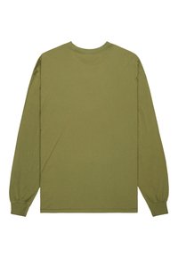 Langärmeliges T-Shirt aus olivgrüner Baumwolle, mit Rundhalsausschnitt, gerippten Bündchen und einer einfarbigen Textur ohne sichtbare Drucke oder Muster.