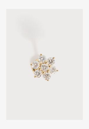 Clou d'oreille en or avec sept pierres précieuses rondes et transparentes disposées en forme de fleur symétrique sur un fond blanc.