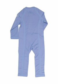 Ljusblå barnvåt dräkt med lång ärm, platta sömmar, rund hals och elastiska manschetter. Tillverkad av ett stretchigt, andningsbart tyg.