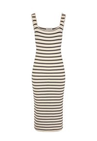 Robe ajustée rayée avec un décolleté carré, fabriquée à partir d'un tissu léger ; présente des fines rayures noires sur un fond blanc cassé.