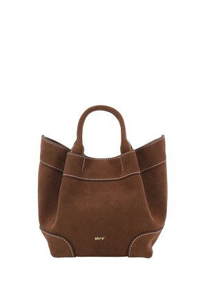 Brown suede tote bag with two handles, white stitching details, and small gold "abro" logo on front center.