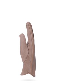 Guanto in pelle marrone con una morbida texture scamosciata, caratterizzato da un design unico a tre dita e una costruzione senza cuciture.