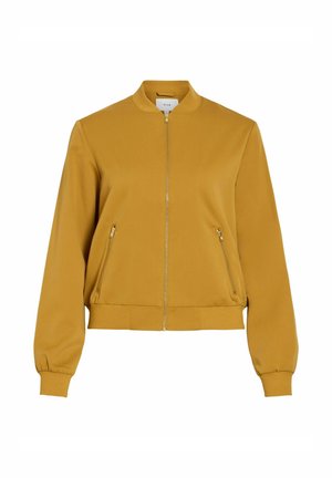 Veste bomber jaune moutarde en tissu lisse. Dispose d'une fermeture éclair frontale, de poignets côtelés, de deux poches latérales zippées et d'une coupe décontractée.