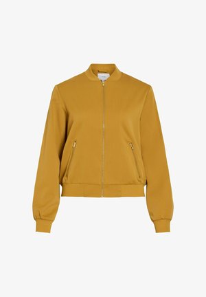 Veste bomber jaune moutarde en tissu lisse. Dispose d'une fermeture éclair frontale, de poignets côtelés, de deux poches latérales zippées et d'une coupe décontractée.