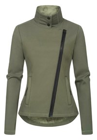 Giacca verde oliva realizzata in materiale morbido con colletto alto, zip frontale asimmetrica e tasche laterali. Presenta una zip nera a contrasto.
