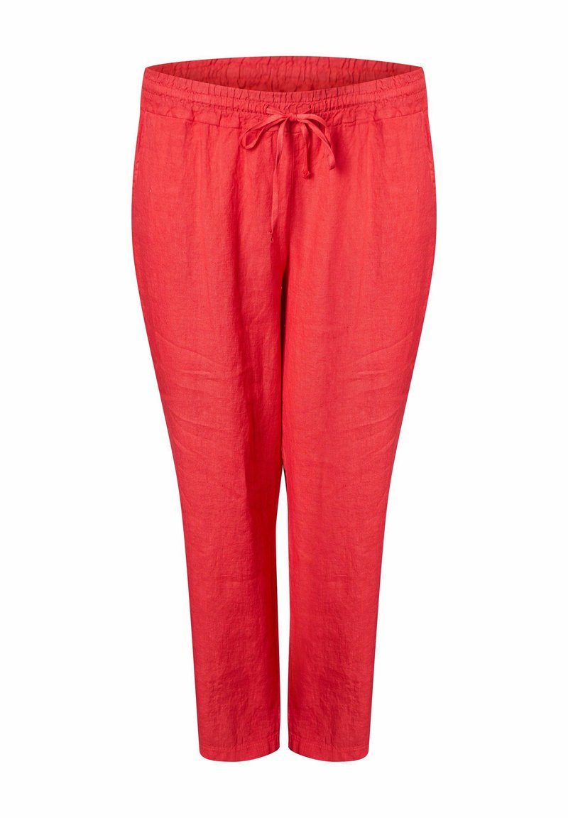 Pantaloni in lino rossi con vita elastica e cordoncino. Design a gamba dritta, tessuto leggero e superficie liscia.