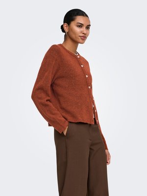 Vrouw draagt een roestkleurige gebuttonde cardigan en bruine broek met wijde pijpen, één hand in de zak, staand tegen een effen lichte achtergrond.